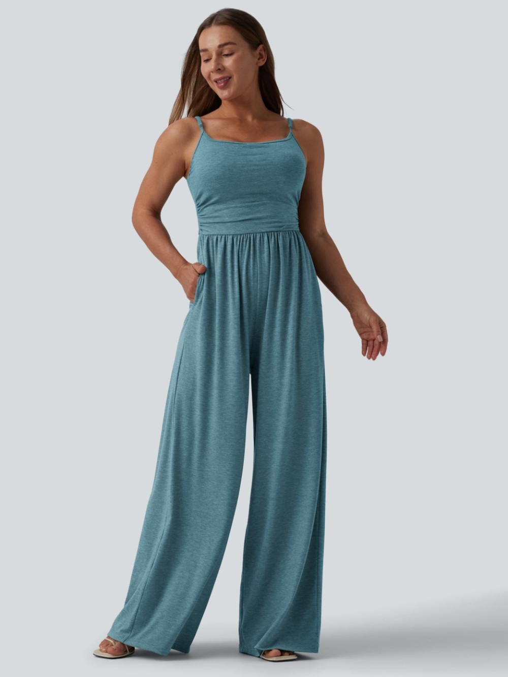 HALARA, Adjustable Straps Ruched Wide Leg Heathered Jumpsuit, Sz S (Regular),NWT